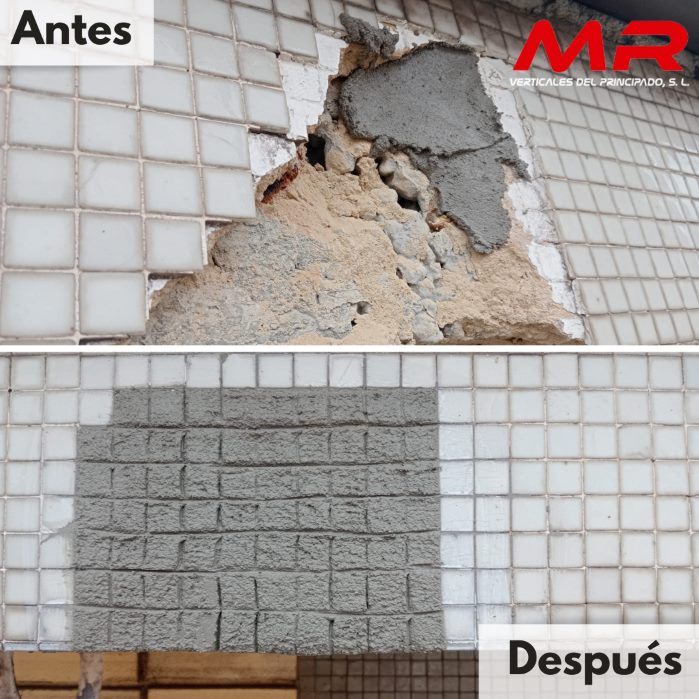 Antes y Después de la Reparación puntual de desprendimiento de fachada